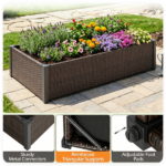 46" Outdoor Woven Raised Planter Box, Weather Resistant Rattan Garden Container with Adjustable Feet for Balcony Porch Flower Growing - Image 3