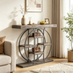 Industrial Sofa Table 39.4" Console Table with Storage Shelves Rustic Oak Finish for Living Room Hallway - Image 7