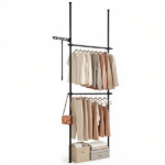 Floor to Ceiling Tension Clothes Rack No Drill Heavy Duty Carbon Steel Garment Organizer, Adjustable Width & Height Closet System with 2 Vertical Rods Drying Rack Reacher Pole for Rental Apartment Black