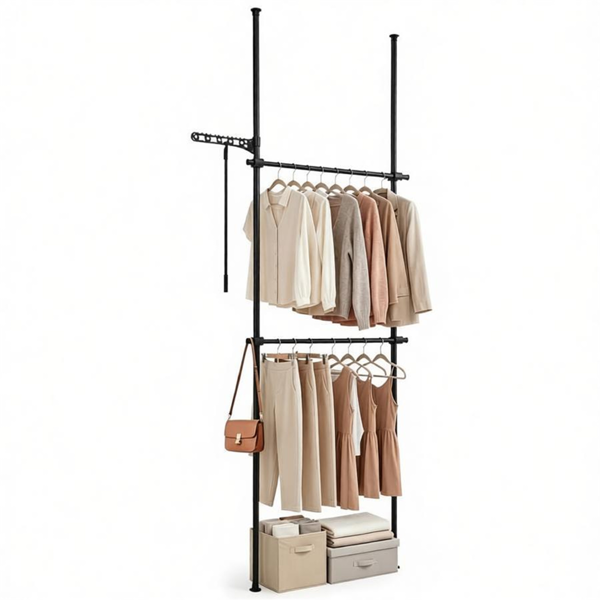 0a341e8d-e4c6-48d2-9c10-bb63c2273446.png Floor to Ceiling Tension Clothes Rack No Drill Heavy Duty Carbon Steel Garment Organizer, Adjustable Width & Height Closet System with 2 Vertical Rods Drying Rack Reacher Pole for Rental Apartment Black - Image 1