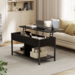 Lift Top Coffee Table with Storage 39" Center Table with Hidden Compartment & 2 Shelves Farmhouse, Wood Coffee Table for Living Room with Sturdy Lift-Top Adjustable Feet Black (Shipment from Walmart) - Image 3