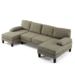 U-Shaped Convertible Sectional Sofa with 2 Chaise Lounges, 4-Seater Modular Couch with Removable & Washable Chenille Covers, 111.4" L x 48.4" D x 33.1" H L-Shaped Couches for Living Room Apartment, Heavy Duty Plastic Legs, Khaki
