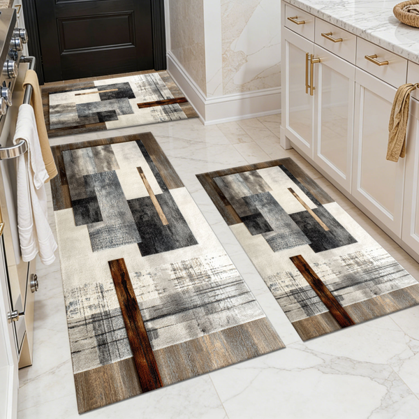 Three-piece kitchen rug set, non-slip and washable, abstract pattern kitchen hallway rug, soft and comfortable, suitable for sinks, floors, entrances, hallways and bathrooms.