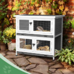 2 Story Solid Wood Rabbit Hutch Bunny Cage with 2 Large Main Rooms, Indoor Outdoor Rabbit House Guinea Pig Cage Pet House for Small Animals with 2 Removable Trays, Grey - Image 15