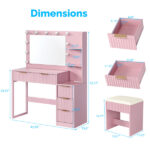 Pink particleboard with a melamine finish, 5-drawer, 2-tiered dressing table set with 11 three-tone light bulbs, power strip, and grille. - Image 7
