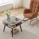 Faux Marble Side Table with 4-Sided Storage Shelves, 24" Square End Table for Living Room Bedroom - Image 3