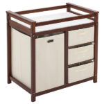 Brown painted pine wood frame children's bed with removable top, 87*53*87.5cm, includes 3 fabric drawers and 1 fabric bag, and a changing table - Image 34