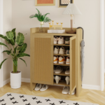42.5" Tall Rattan Shoe Cabinet with Doors, 6-Tier Wooden Freestanding Shoe Storage Organizer with Adjustable Shelves, Mid-Century Entryway Shoe Cabinet for Hallway & Living Room - Image 16