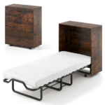 Rustic Brown Mobile Murphy Bed Cabinet 86.5" x 34" x 41.5" with Lockable Wheels, Space Saving Foldable Guest Bed with 4 Inch Foam Mattress - Image 4