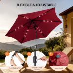 9ft Solar LED Patio Umbrella with Push Button Tilt & Crank, 6 Ribs Waterproof Polyester Outdoor Market Table Umbrella for Garden Backyard Pool, Burgundy - Image 4