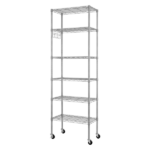 6-layer display rack with adjustable layer spacing, freely combinable and detachable, featuring a row of 6 side hooks, adjustable feet and wheels. Made of iron, 55*30*165cm, powder-coated silver-gray - Image 3