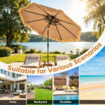 10ft Double Tier Hawaiian Tiki Patio Umbrella with Push Button 30° Tilt & Crank Lift, 8 Metal Ribs PE Thatch Tropical Outdoor Shade Canopy Ventilated Top for Backyard Poolside Brown - Image 5