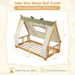 Twin Size Montessori House Floor Bed with Removable Canopy Tent, Solid Wood Kids Bed with Guardrails - Natural - Image 4
