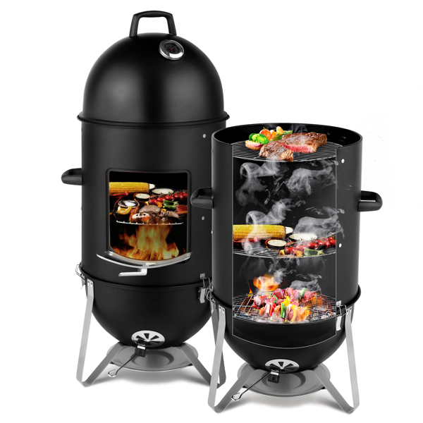 Vertical Steel Charcoal Smoker, Heavy Duty Three Layer Round BBQ Grill Smokey Mountain Cooker for Outdoor Cooking, Black SAME AS 60608693