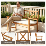 2 Person Acacia Wood Outdoor Loveseat Bench with Removable White Sponge Cushion, Heavy Duty Patio Garden Bench X-Shaped Backrest Armchair Slatted Seat for Backyard Porch Natural Wood Finish - Image 10