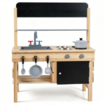 Natural Fir Wood Kids Outdoor Mud Kitchen Playset with Stainless Steel Sink & Stoves, Pretend Play Cooking Toy with Storage Hooks for Toddlers 3+ - Image 2