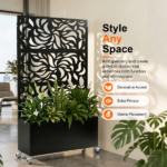 70.87" H × 46.06" W Leaf Pattern Privacy Screen with Planter Box, Black Metal Freestanding Decorative Fence Planter for Patio Balcony Backyard - Image 8