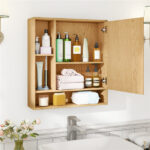 2 in 1 Mirrored Bathroom Wall Cabinet, Space-Saving Medicine Cabinet with Hidden Storage & Shelves - Natural - Image 7