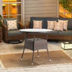 31.5" Patio Table for 4-Person, Outdoor Patio Wicker Round Dining Table, All-Weather Rattan Bistro Dining Table w/Glass Tabletop for Backyard Deck Porch Poolside, Brown - Image 7