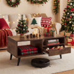 36.5" Rustic Coffee Table with Drawer & Open Shelves, Engineered Wood Center Table for Living Room Walnut - Image 2