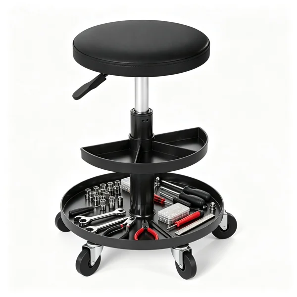 Black Adjustable Rolling Mechanic Stool with 2-Tier Tool Storage Trays, PU Leather Pneumatic Height Adjustable Workshop Seat with 5 Casters Holds 265LBS for Garage Repair