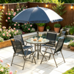 Black & Coffee 6-Piece Patio Dining Set for 4 – Complete with Umbrella, Round Glass Table & 4 Folding Chairs - Image 8