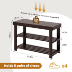 27-In Bamboo Shoe Rack & Bench, 3-Tier 280 lb Capacity Storage Organizer for Entryway, Living Room, Balcony, Brown - Image 2