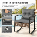 3-Piece Outdoor PE Rattan Rocking Chair Conversation Set with 2-Tier Glass Coffee Table, Heavy Duty Metal Frame Patio Rockers with Zipper Removable Gray Cushions & Back Pillows Mixed Brown Wicker for Backyard Porch Poolside - Image 7