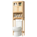 2-Door 3-Tier Toilet Cabinet Particleboard Melamine-Faced Bathroom Vanity Bathroom Cabinet with Rattan Surface 23.62*8.66*66.93in Natural Wood - Image 7