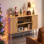 59.05 Inch Low Profile TV Stand - Light Brown Laminate Particle Board Media Console with Double Slatted Doors, Entertainment Center for Living Room & Bedroom - Image 10