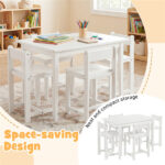 Kids Wooden Table and Chairs Set (1 Table + 4 Chairs), Rubber Wood Toddler Activity Set (White - Image 6
