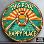 CIFbuy 1pc 8x8in 2D Flat Round Sign, "My Happy Place" Flat Round Sign, Sign, Retro "My Happy Place" Swimming Pool Plaque TikTok, temu Self-pickup Logiaqics - Image 2