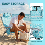 1 PCS Aluminum Beach Chair, 8.5 Inch Seat Height Teal Tribal Pattern, Adjustable Folding Chair with Headrest, Shoulder Strap, 2-in-1 Cup Holder Side Pocket, Back Cooler Bag, Integrated Oxford Fabric with Crossbar, 5 Positions Reclining Lounger, 63x109x84cm, Load Capacity 120KG - Image 4