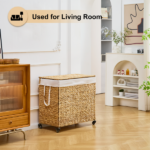 160L 3-Section Laundry Hamper with Lid and Wheels, Woven Natural Water Hyacinth Rolling Laundry Hamper - Image 6