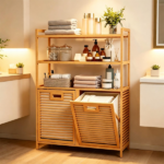 Natural Bamboo Tilt Out Laundry Hamper Cabinet with 2 Removable 7 Gallon Fabric Baskets, Open Storage Shelves Ventilated Slatted Design Anti-Tip Laundry Sorter for Bathroom Bedroom Laundry Room - Image 10