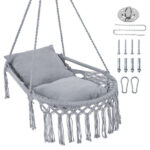 Gray Boho Macrame Hanging Swing Chair with 2 Padded Cushions, 330LBS Capacity Hammock Chair for Indoor Outdoor Bedroom Patio Balcony