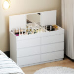 White embossed P2 12mm particleboard with melamine veneer, 120*40*85.5cm, six-drawer cabinet with mirror - Image 2
