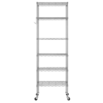 6-layer display rack with adjustable layer spacing, freely combinable and detachable, featuring a row of 6 side hooks, adjustable feet and wheels. Made of iron, 55*30*165cm, powder-coated silver-gray - Image 4