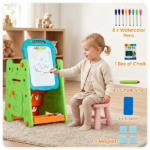 Green 3-in-1 Kids Double Sided Art Easel, Magnetic Whiteboard & Chalkboard Standing Drawing Board with Adjustable Height Angle, Storage Tray Book Rack Complete Painting Accessories PP Play Easel Gift - Image 7