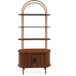 Arched Ceiling + 4-Layer Open Shelving + Double-Door Roller Shutter Display Case Locker with Black US Standard Socket (1USB+1Type-C) & Particleboard Melamine Veneer & Painted Iron Pipe 31.5*13.78*70.87in Walnut - Image 2