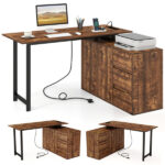 Reversible L-Shaped Desk with Built-in Charging Station, Home Office Desk with Drawers & File Cabinet - Rustic Brown