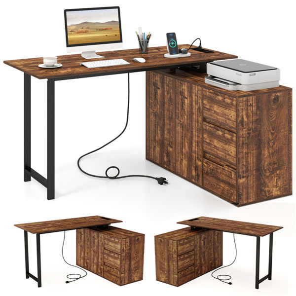Reversible L-Shaped Desk with Built-in Charging Station, Home Office Desk with Drawers & File Cabinet - Rustic Brown