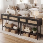 Black Rattan Console Table with Storage Cabinets & Open Shelf, 40 Inch Entryway Table with Sturdy Carbon Steel Frame for Living Room, Hallway, Sofa Table - Image 10