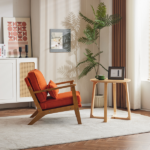 Mid-Century Modern Accent Chair with Wooden Frame - Oak Armrest, Linen-Cotton Burnt Orange Upholstery, Single Seater Lounge Chair for Living Room (Weight Capacity 330LBS) - Image 22