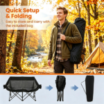Black Dual Person Heated Folding Camping Chair 4 Heating Zones 3 Temperature Levels, Heavy Duty 660 LBS Double Outdoor Loveseat with Cup Holders Storage Pockets & Carry Bag for Picnic Beach Sports - Image 7