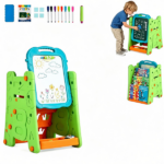 Green 3-in-1 Kids Double Sided Art Easel, Magnetic Whiteboard & Chalkboard Standing Drawing Board with Adjustable Height Angle, Storage Tray Book Rack Complete Painting Accessories PP Play Easel Gift