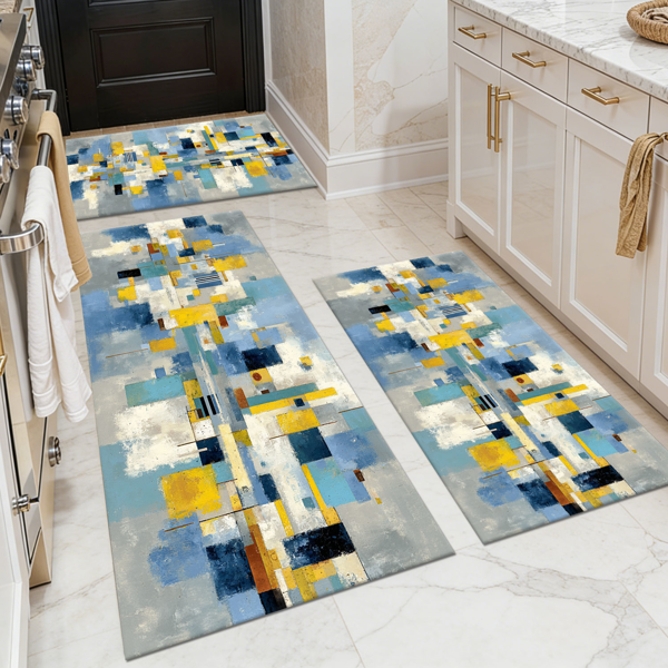 0df1baf8-647a-48ed-a2aa-5f09fe822afe.png Three-piece kitchen rug set, non-slip and washable, abstract pattern kitchen hallway rug, soft and comfortable, suitable for sinks, floors, entrances, hallways and bathrooms. - Image 1