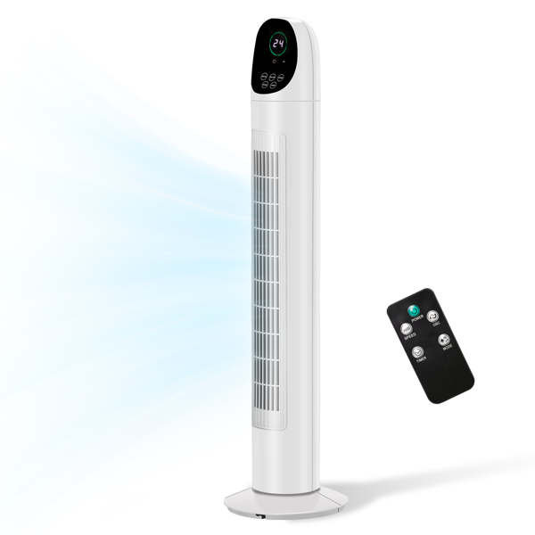US Standard TF-36BR Tower Fan, 110V 50W, 34 Inch, No Water Tank, Remote Control & Digital Display, Plastic Material, Black & White, Concave Arc Head, 9-Hour Timer, Indoor Use