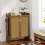 42.5" Tall Rattan Shoe Cabinet with Doors, 6-Tier Wooden Freestanding Shoe Storage Organizer with Adjustable Shelves, Mid-Century Entryway Shoe Cabinet for Hallway & Living Room--Walnut - Image 4
