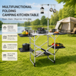 Foldable Aluminum Camping Kitchen Table Heat Resistant Tabletop Detachable Lamper , 4 Foldable Side Trays Mesh Storage Rack Hanging Hooks 154lbs Load Capacity with Carry Handle for Camp Tailgate RV Picnic--Silver - Image 2